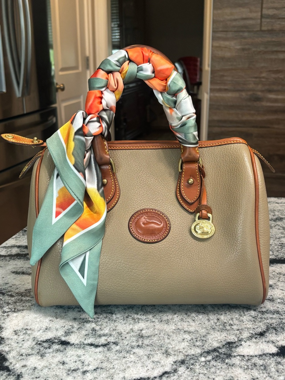 Vintage Dooney and Bourke All Weather Leather Satchel in Taupe/Tan